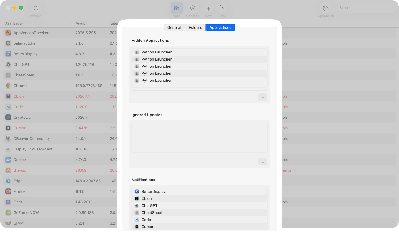 Preferences, Applications tab